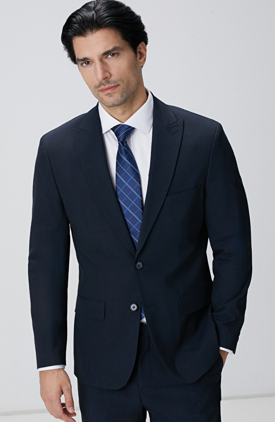 Slim Fit Lacivert Çizgili Piklapel Yaka Takım