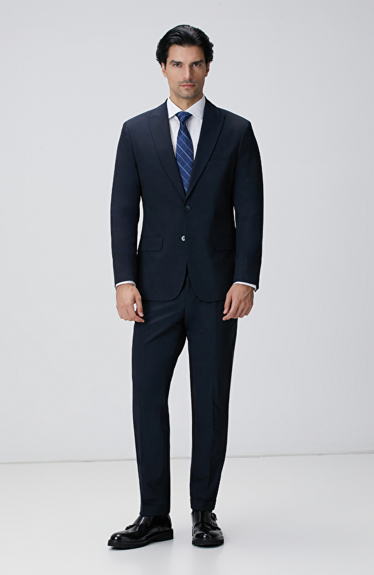 Slim Fit Lacivert Çizgili Piklapel Yaka Takım