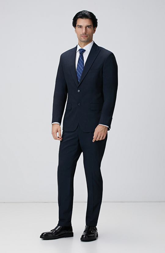 Slim Fit Lacivert Çizgili Piklapel Yaka Takım