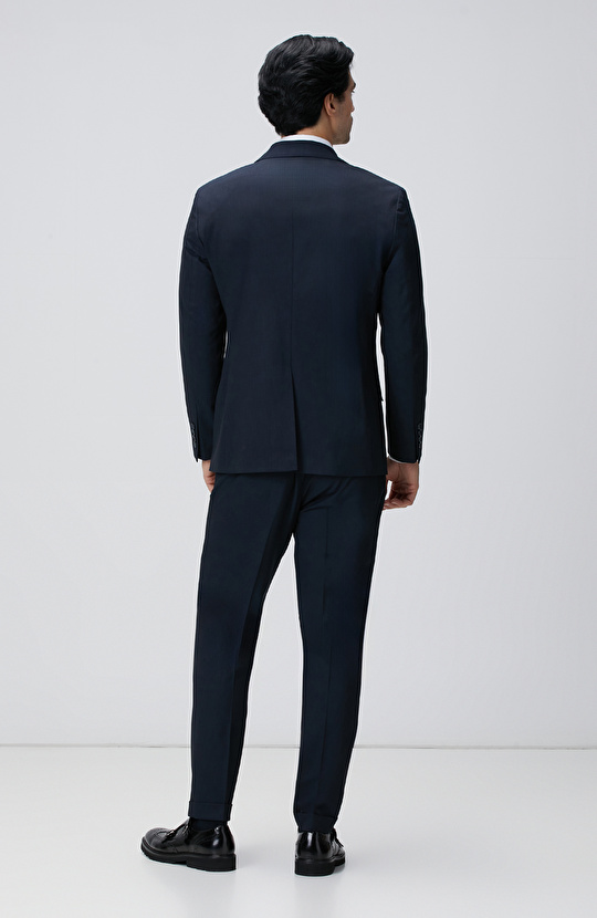 Slim Fit Lacivert Çizgili Piklapel Yaka Takım