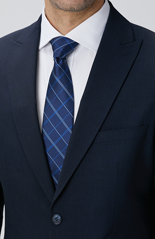 Slim Fit Lacivert Çizgili Piklapel Yaka Takım