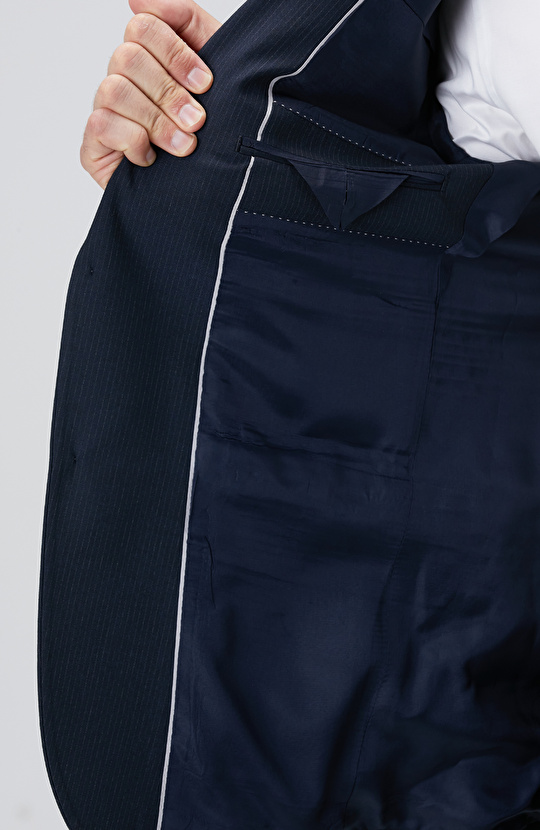 Slim Fit Lacivert Çizgili Piklapel Yaka Takım