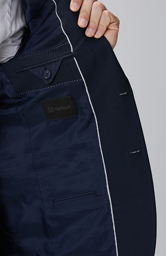 Slim Fit Lacivert Çizgili Piklapel Yaka Takım