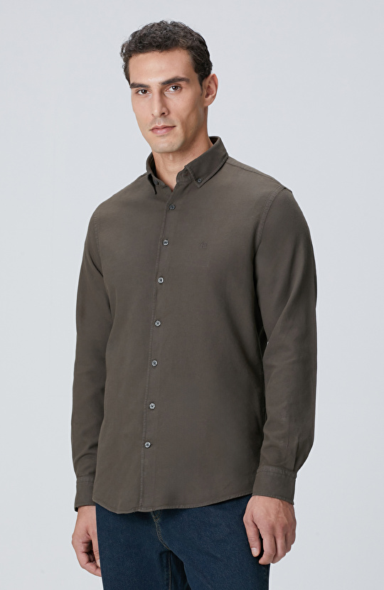 Haki Comfort Fit Petek Desen Parça Boya Gömlek