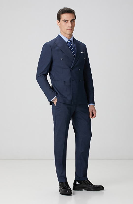 Lacivert Yün Karışımlı Oxford Takım Elbise