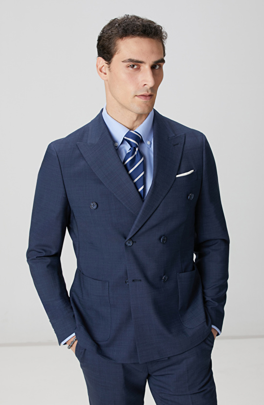 Lacivert Yün Karışımlı Oxford Takım Elbise