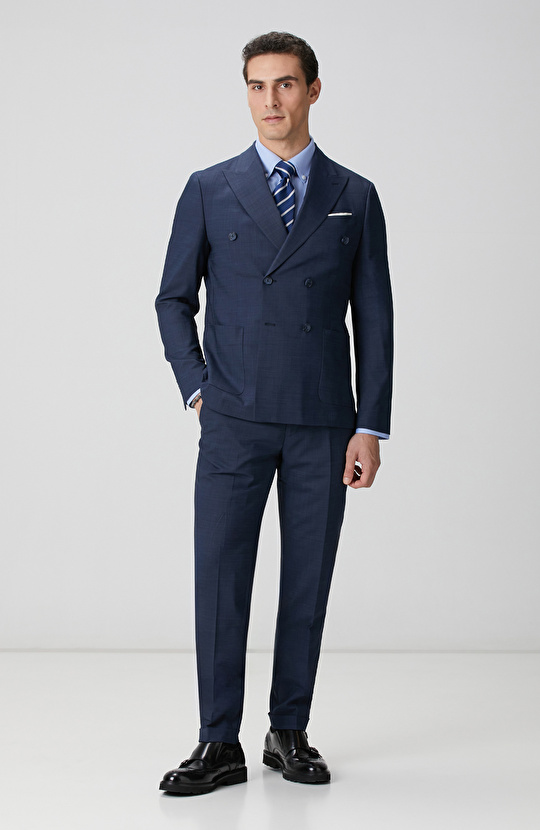 Lacivert Yün Karışımlı Oxford Takım Elbise