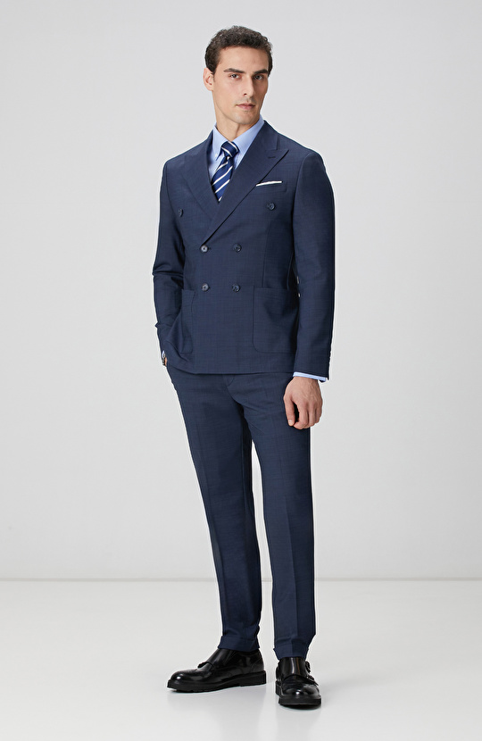 Lacivert Yün Karışımlı Oxford Takım Elbise