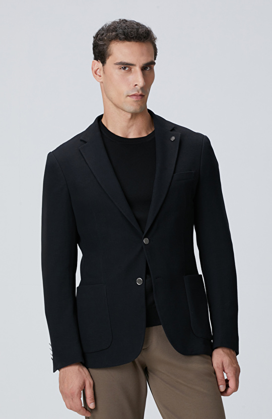 Siyah Mona Yaka Metal Düğmeli Örme Blazer Ceket