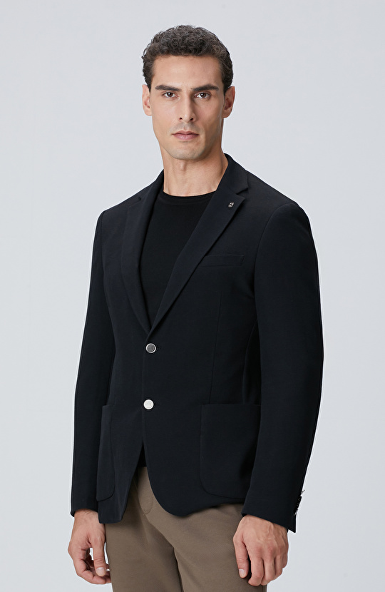 Siyah Mona Yaka Metal Düğmeli Örme Blazer Ceket