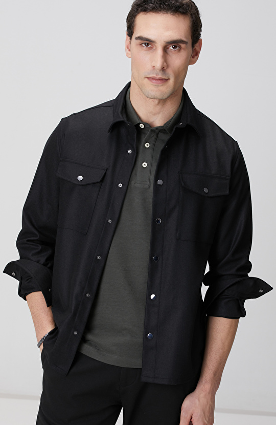 Antrasit Cep Detaylı Yün Dış Gömlek