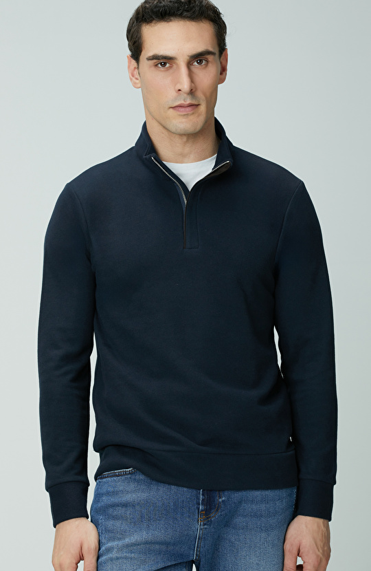 Lacivert Süet Garnili Sweatshirt