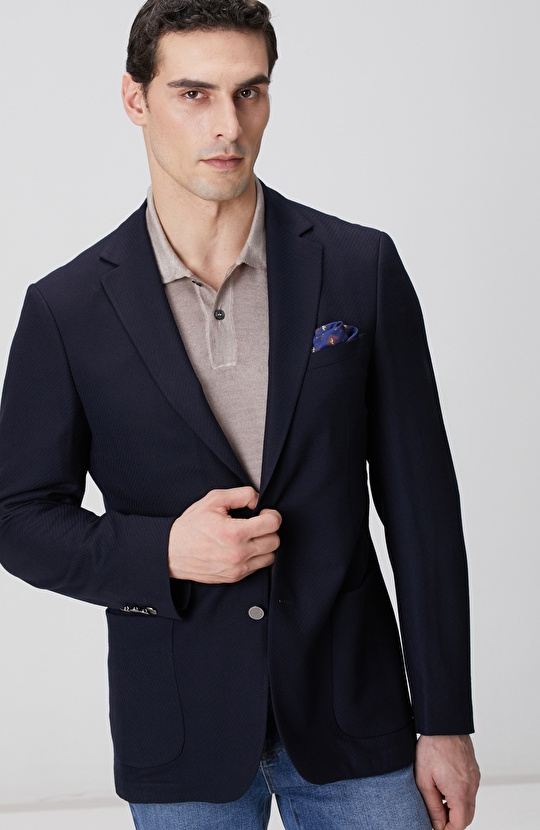 Lacivert Metal Düğmeli Yün Mix Blazer Ceket