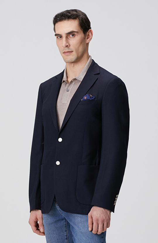 Lacivert Metal Düğmeli Yün Mix Blazer Ceket