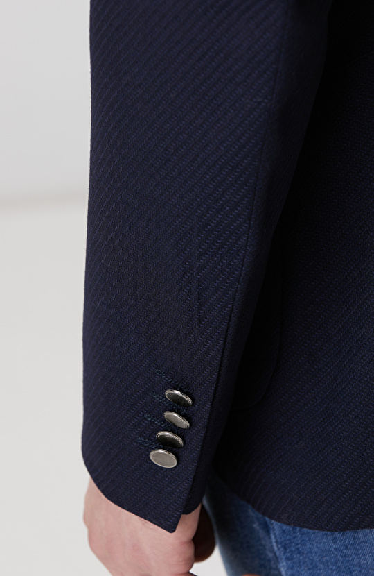 Lacivert Metal Düğmeli Yün Mix Blazer Ceket