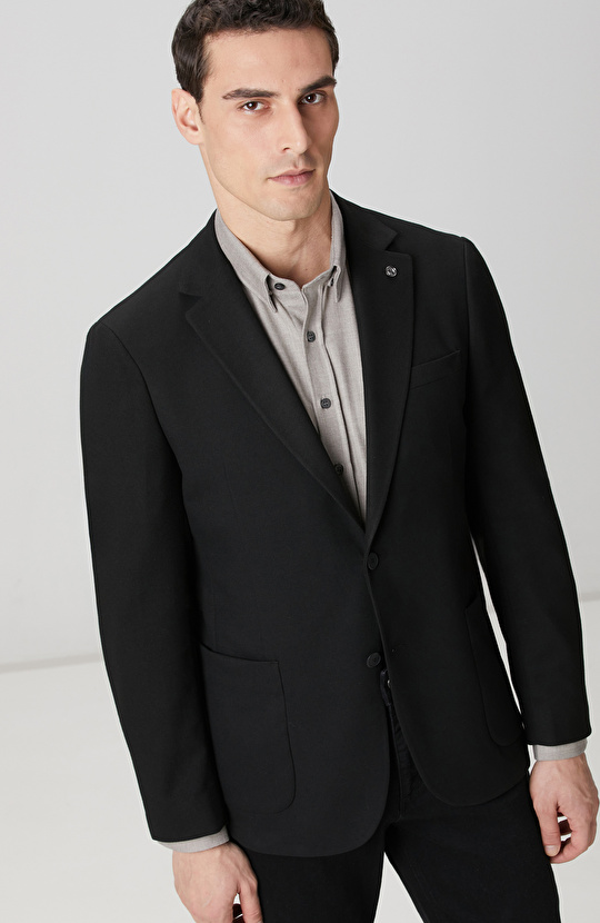 Siyah İnce Diyagonal Desen Ceket