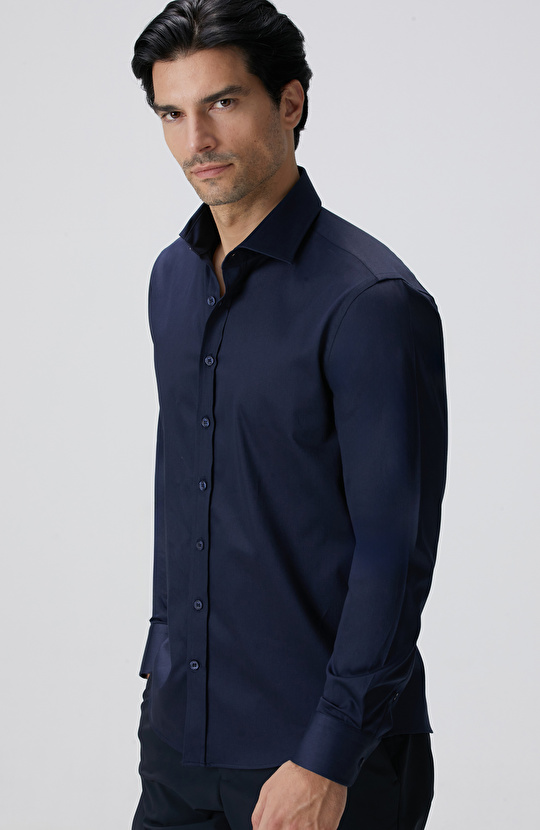 Slim Fit Lacivert Pamuk Saten Gömlek