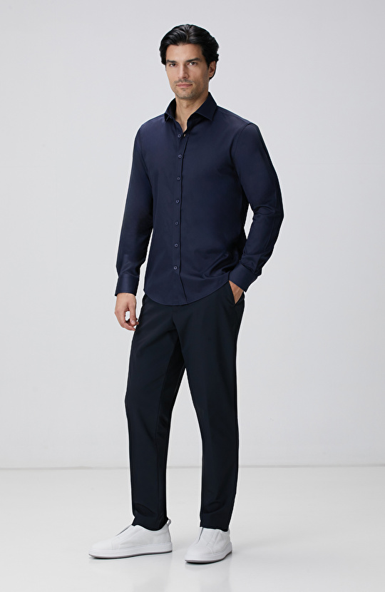 Slim Fit Lacivert Pamuk Saten Gömlek