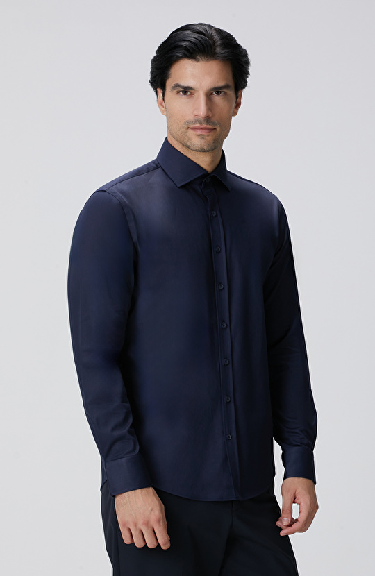 Slim Fit Lacivert Pamuk Saten Gömlek