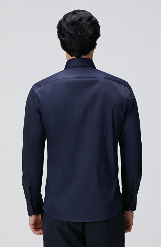 Slim Fit Lacivert Pamuk Saten Gömlek