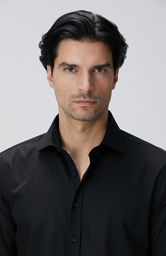 Slim Fit Siyah Pamuk Saten Gömlek