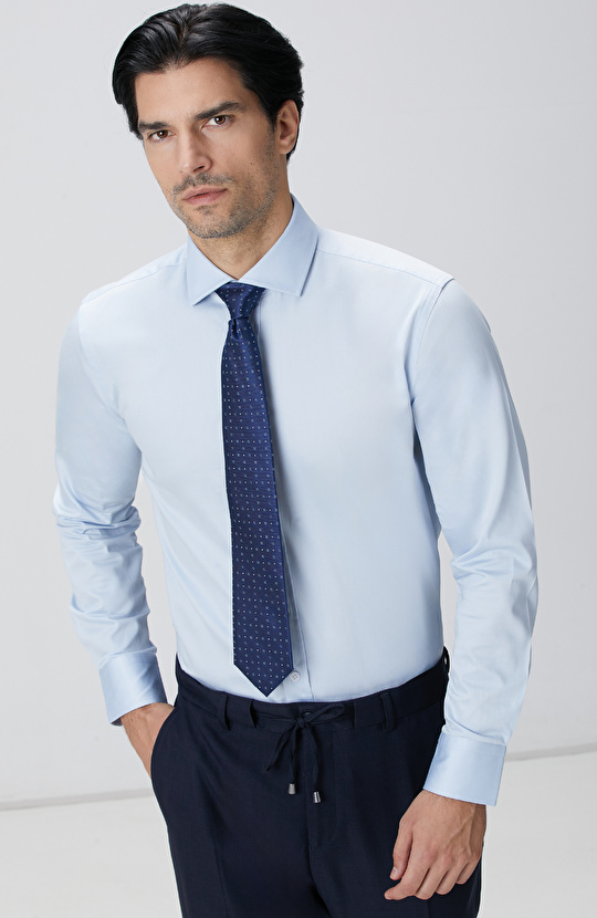 Slim Fit Mavi Pamuk Saten Gömlek