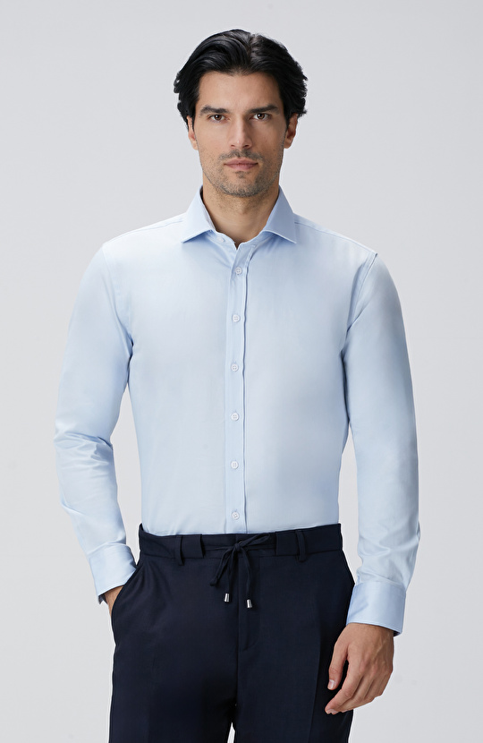Slim Fit Mavi Pamuk Saten Gömlek