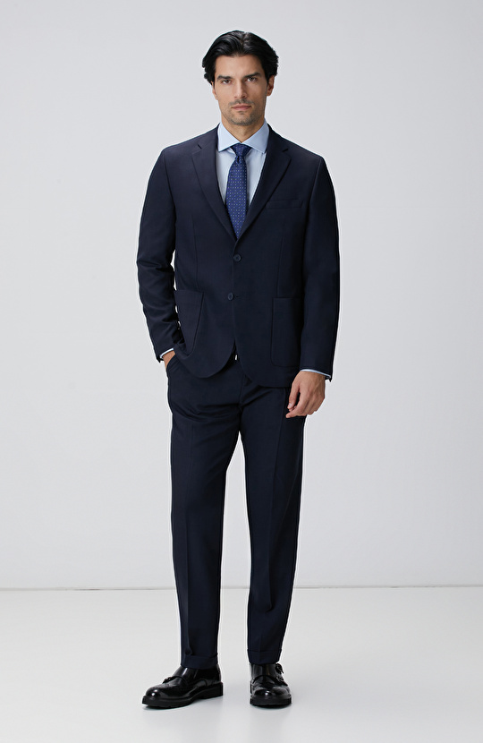 Slim Fit Mavi Pamuk Saten Gömlek