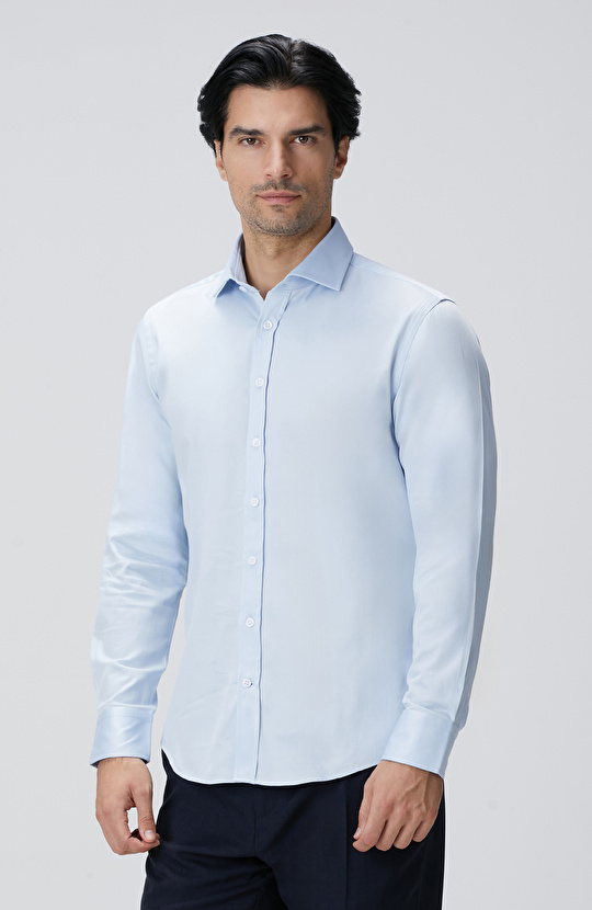 Slim Fit Mavi Pamuk Saten Gömlek