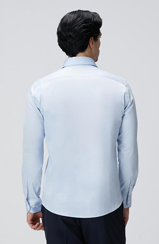 Slim Fit Mavi Pamuk Saten Gömlek