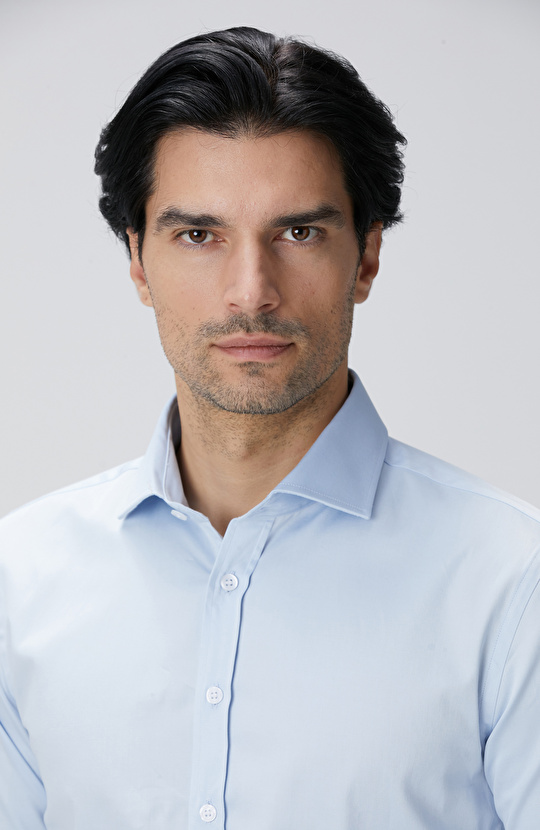 Slim Fit Mavi Pamuk Saten Gömlek