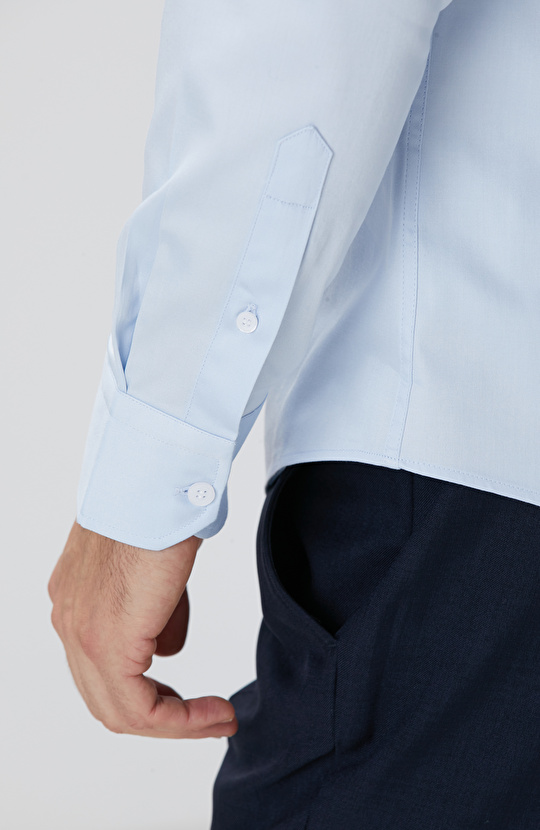 Slim Fit Mavi Pamuk Saten Gömlek