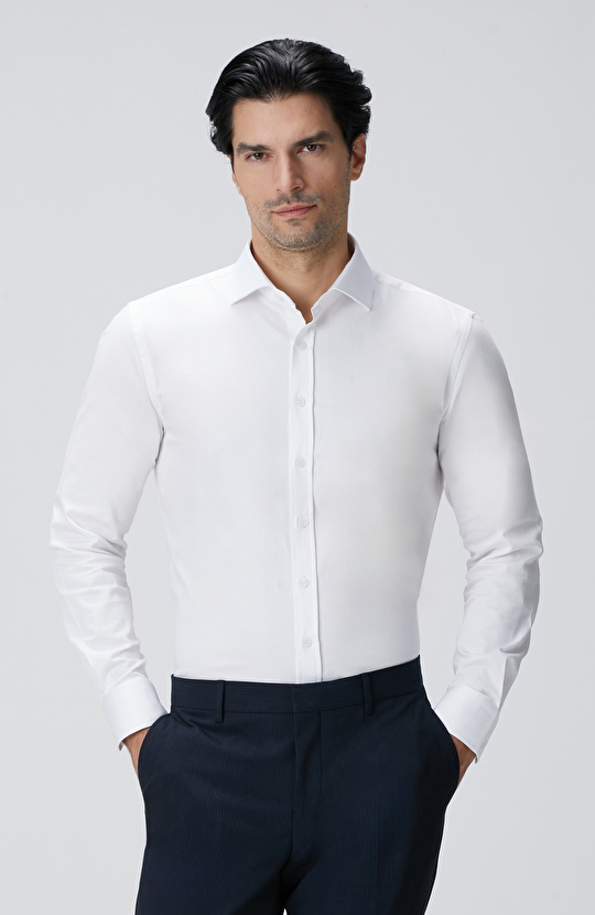 Slim Fit Beyaz Pamuk Saten Gömlek
