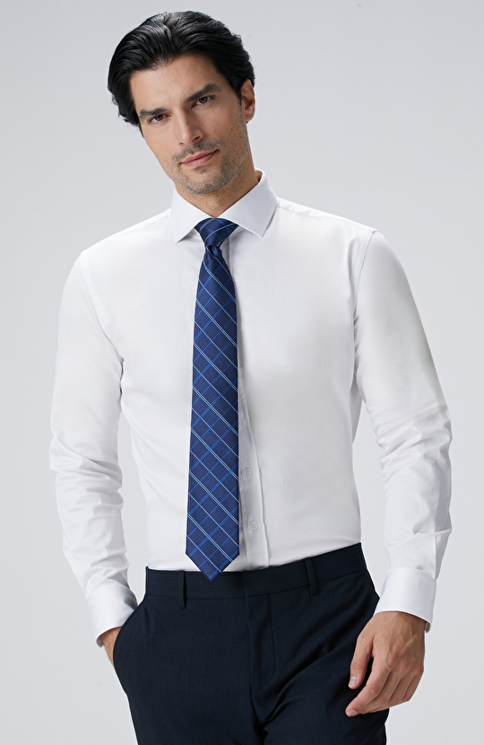 Slim Fit Beyaz Pamuk Saten Gömlek