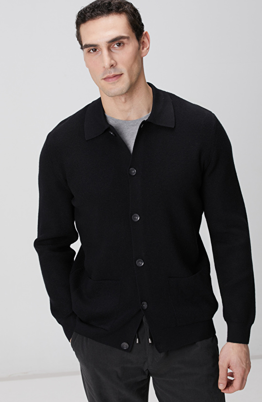 Siyah Polo Yaka Cepli Triko Hırka