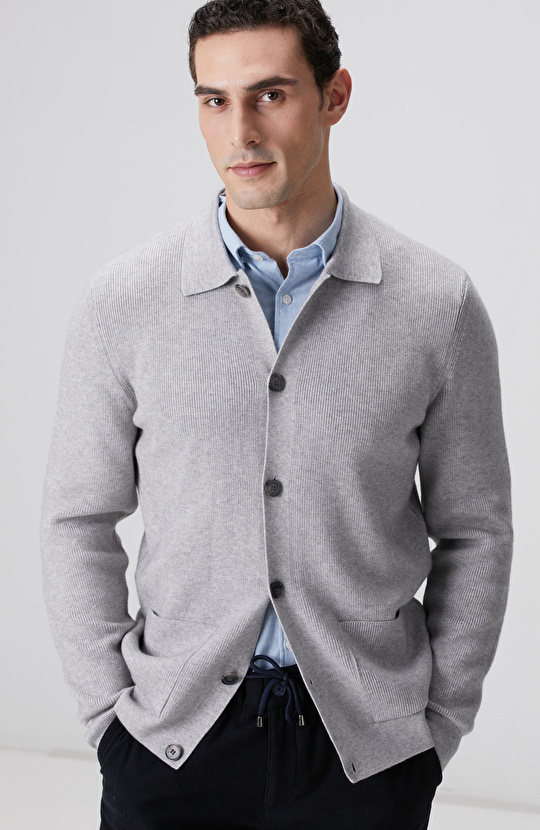 Gri Melanj Polo Yaka Cepli Triko Hırka