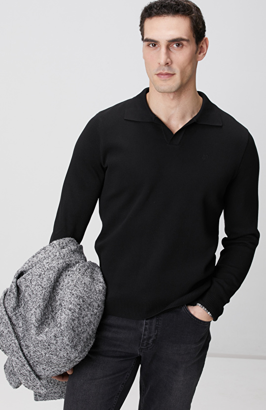 Siyah Kısa V Polo Yaka Kazak