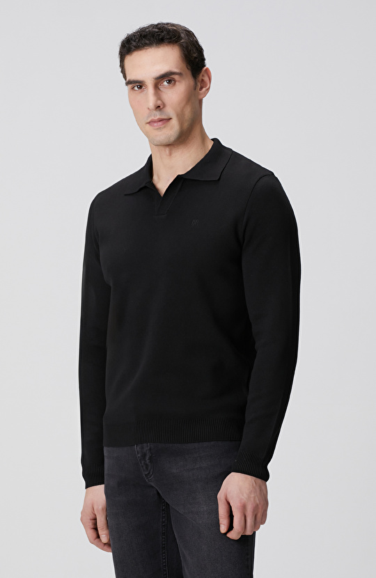 Siyah Kısa V Polo Yaka Kazak