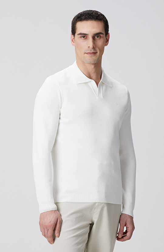 Kırık Beyaz Kısa V Polo Yaka Kazak