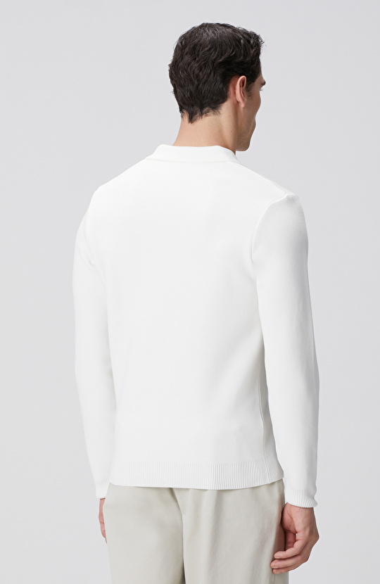 Kırık Beyaz Kısa V Polo Yaka Kazak