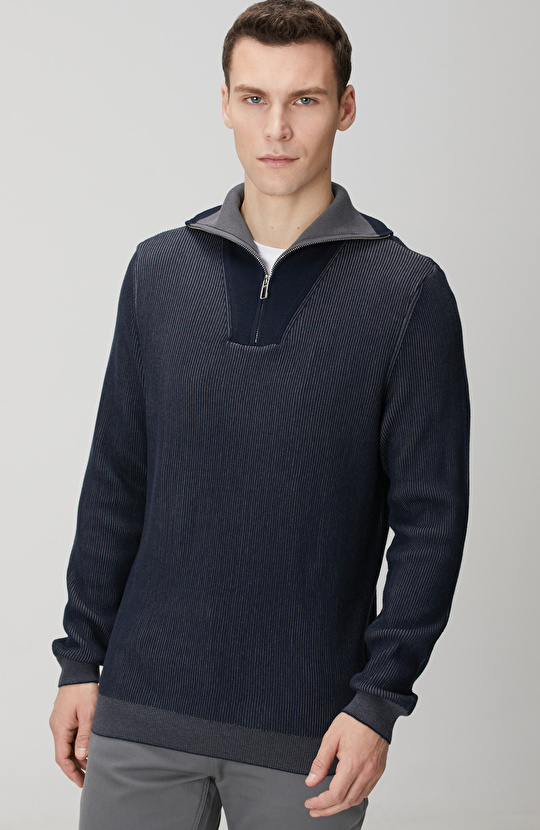 Lacivert Dik Yaka Çift Renk Kazak