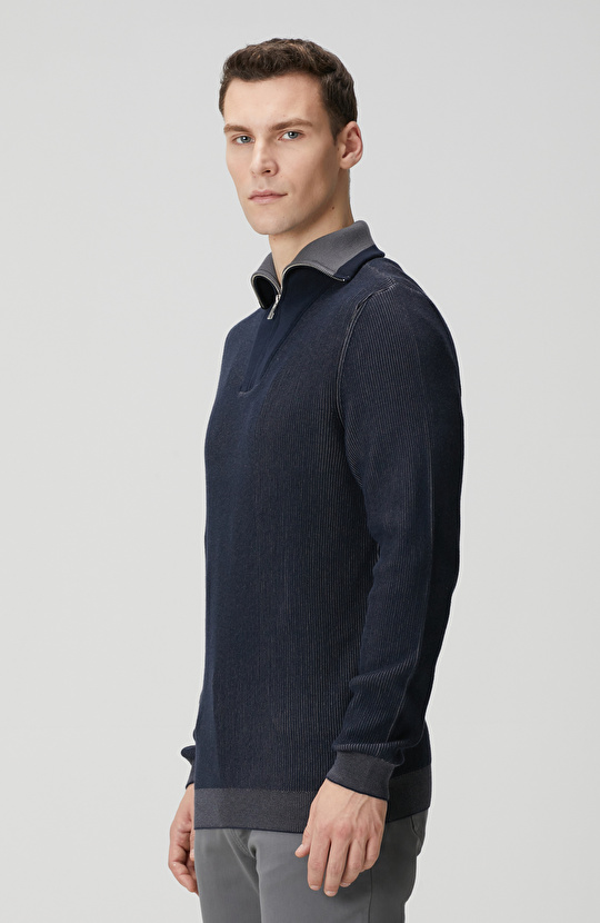 Lacivert Dik Yaka Çift Renk Kazak