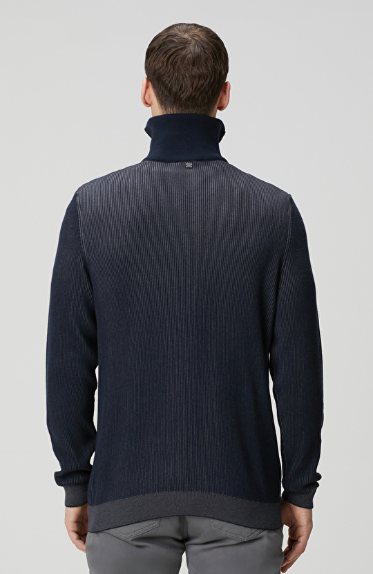 Lacivert Dik Yaka Çift Renk Kazak