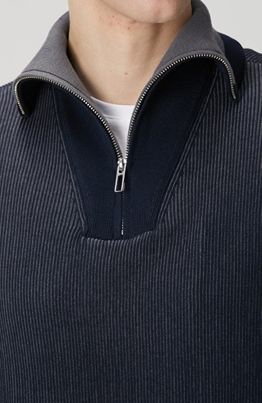 Lacivert Dik Yaka Çift Renk Kazak