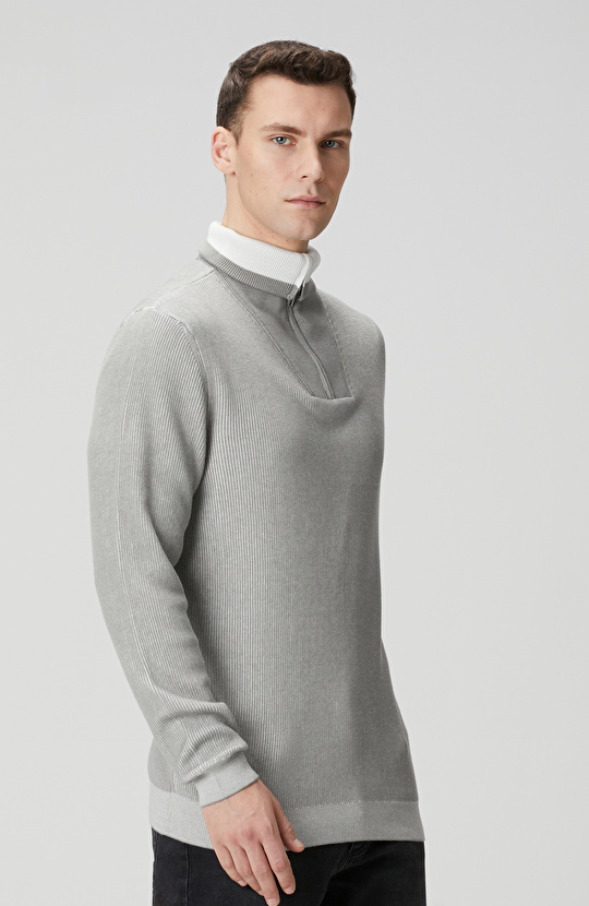 Açık Gri Dik Yaka Çift Renk Kazak