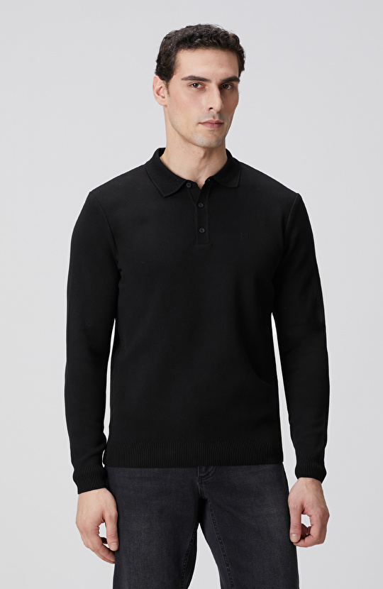 Siyah Polo Yaka Uzun Kol Pike Örgü Kazak