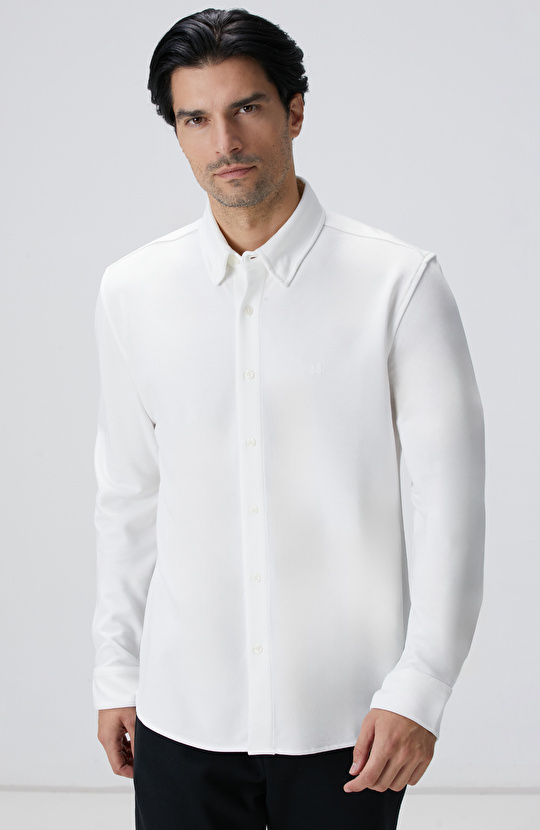 Kırık Beyaz Uzun Kollu Örme Gömlek