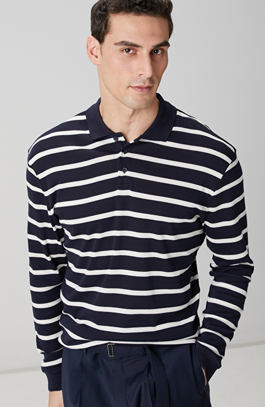 Lacivert Beyaz Çizgili Sweatshirt