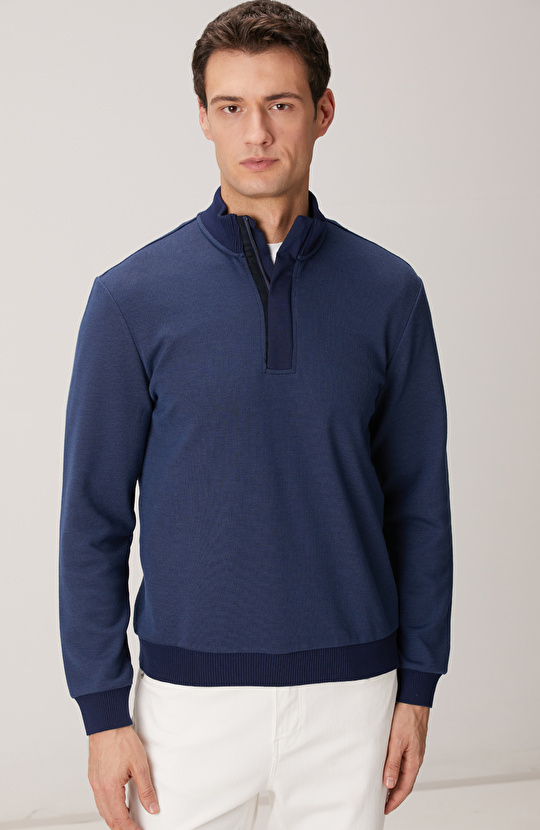 Lacivert Fermuarlı Yaka Garnili Sweatshirt