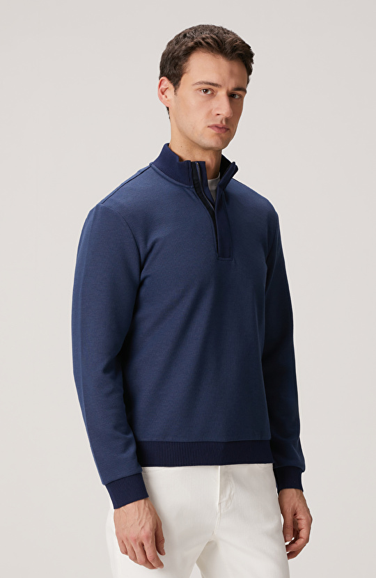 Lacivert Fermuarlı Yaka Garnili Sweatshirt